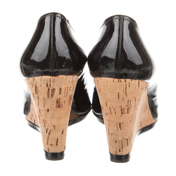 Prada Black Patent Peep Toe Cork Wedge Pumps Size 8 - Picture 3 of 7